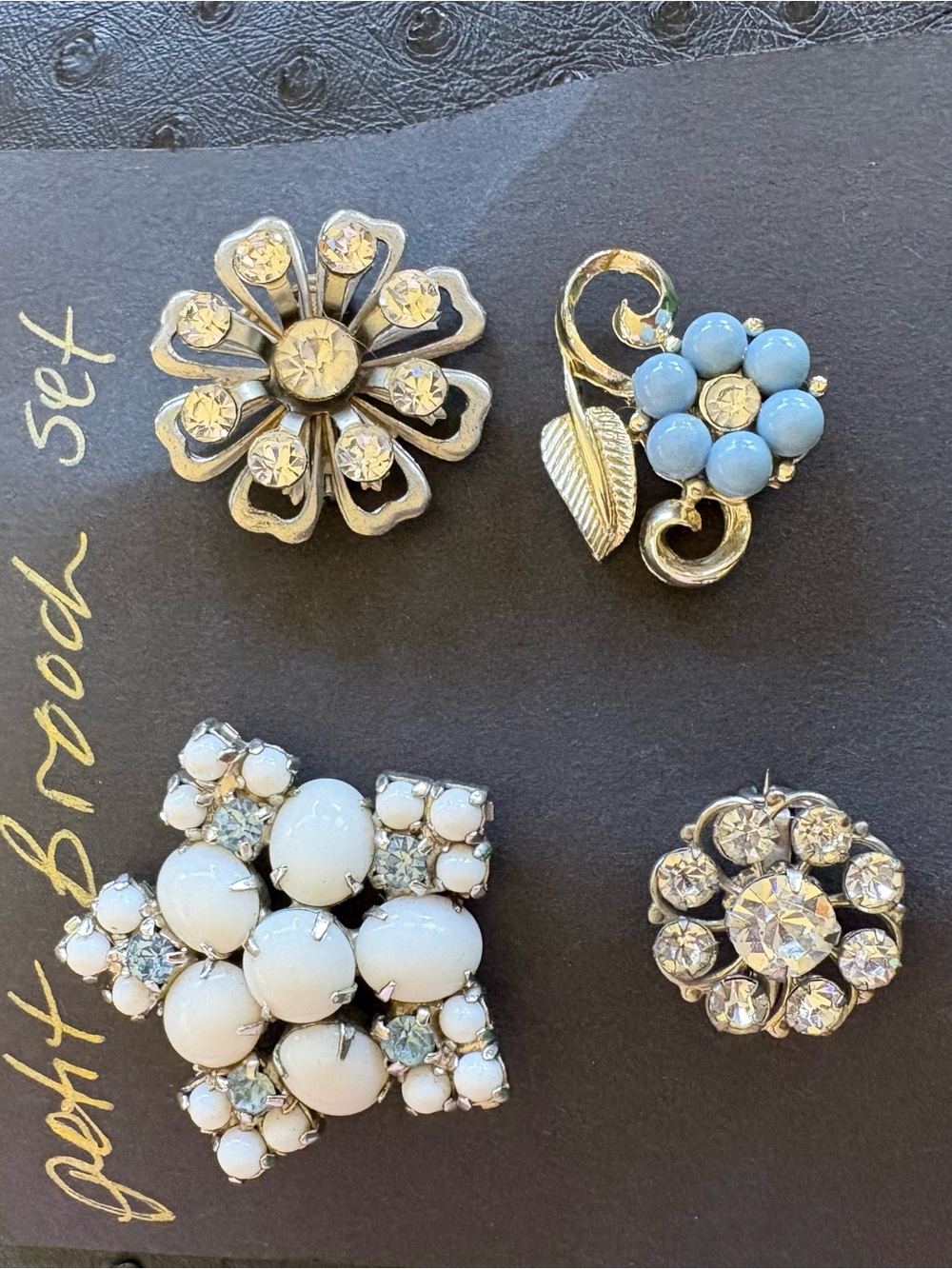 Vintage Blue and White Crystal Floral Brooch Set - Women Jewelry
